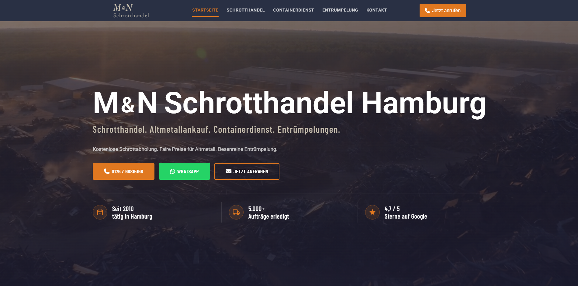 Desktop-Ansicht der Webseite von M&N Schrotthandel Hamburg