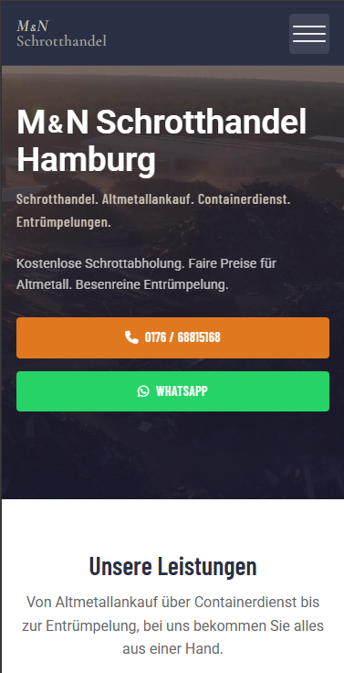 Smartphone-Ansicht der Webseite von M&N Schrotthandel