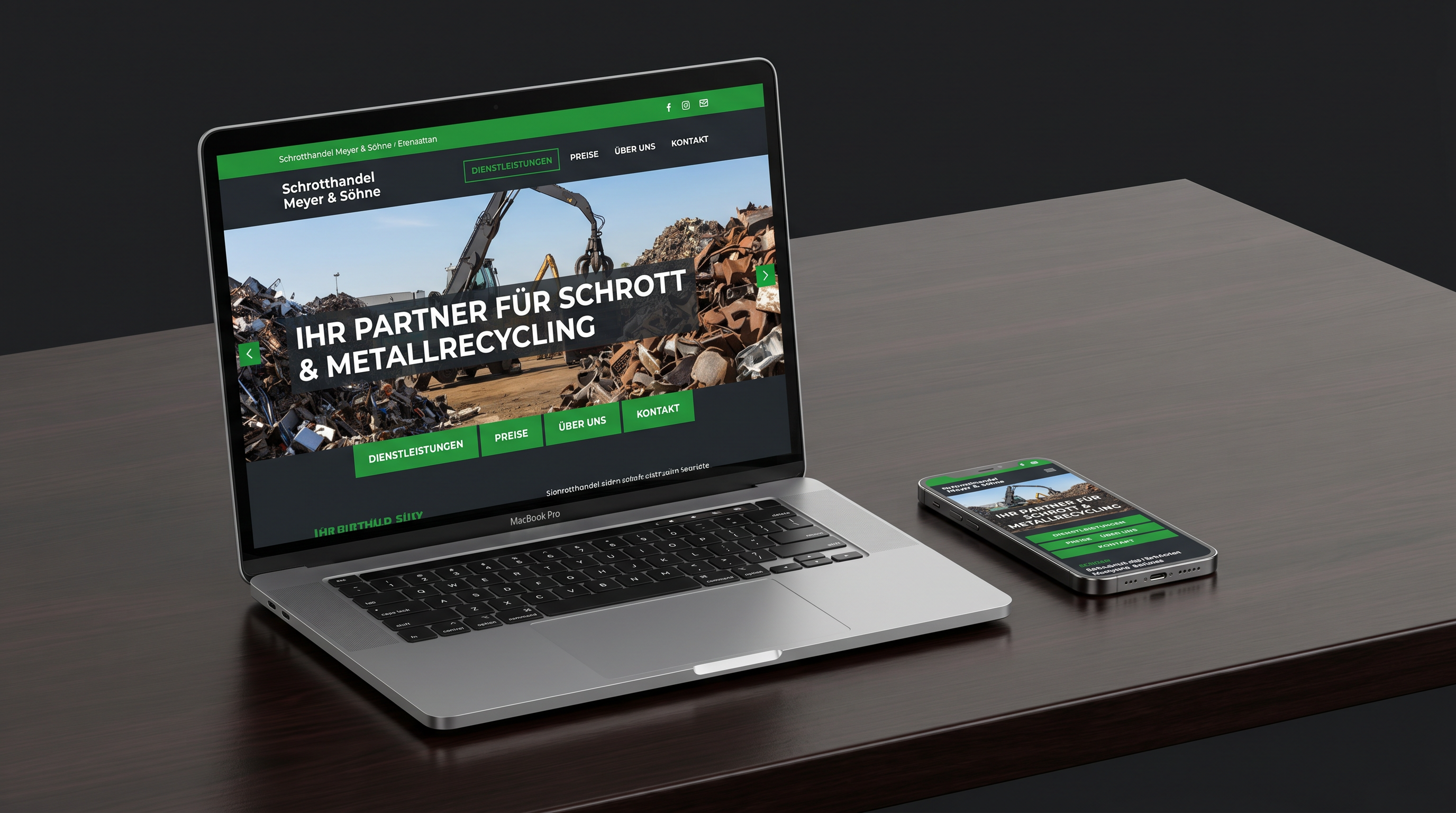 Beispiel einer modernen Webseite für einen Schrotthändler auf Laptop und Handy