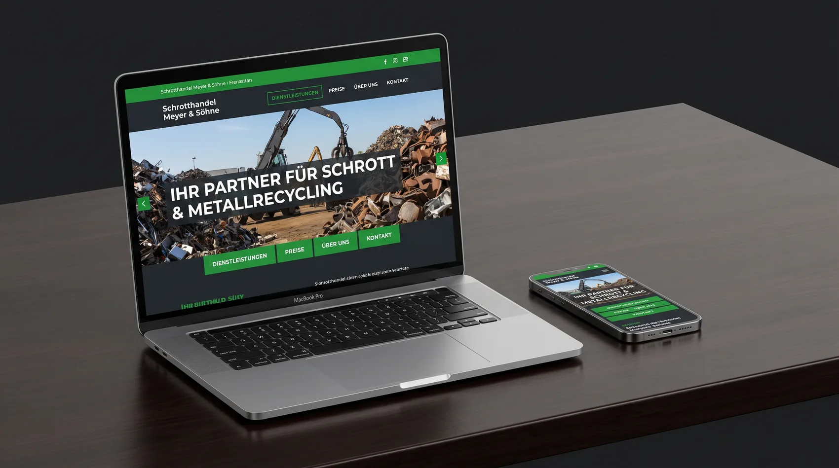 Beispiel einer modernen Webseite für einen Schrotthändler auf Laptop und Handy